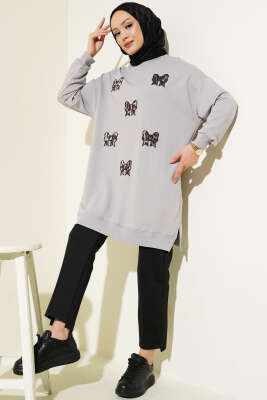 Leopar Fiyonk Nakışlı Tunik Gri - Tunik