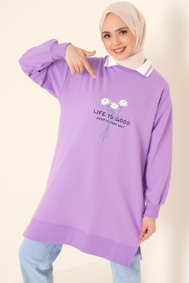 Life Is Good Baskılı Lila Tunik
