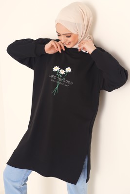 Life Is Good Baskılı Siyah Tunik