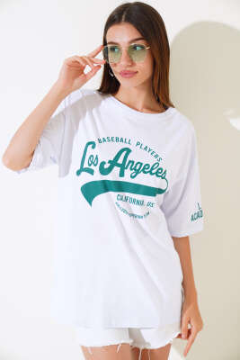 Los Angeles Baskılı Salaş T-shirt Beyaz - Yeni Giyim