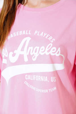 Los Angeles Baskılı Salaş T-shirt Pembe - Yeni Giyim
