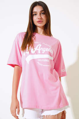 Los Angeles Baskılı Salaş T-shirt Pembe - Yeni Giyim