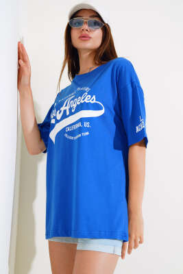Los Angeles Baskılı Salaş T-shirt Saks - Yeni Giyim