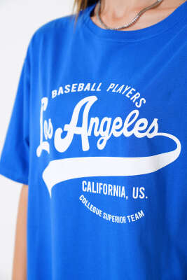 Los Angeles Baskılı Salaş T-shirt Saks - Yeni Giyim