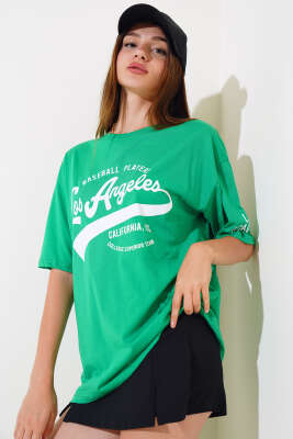 Los Angeles Baskılı Salaş T-shirt Yeşil 