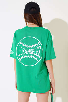 Los Angeles Baskılı Salaş T-shirt Yeşil - Yeni Giyim
