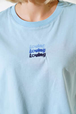Loving Yazılı T-shirt Mavi - Yeni Giyim