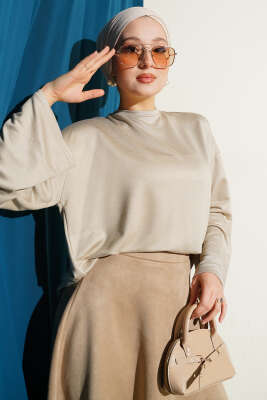 Loyşa Bilek Armalı Basic Bluz Bej