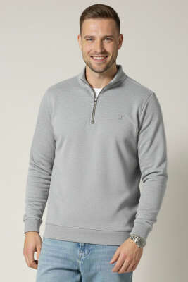 Loyşa Kumaş Yarım Fermuar Erkek Sweatshirt Gri 