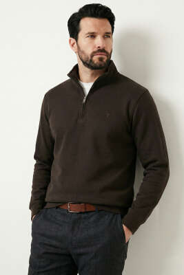 Loyşa Kumaş Yarım Fermuar Erkek Sweatshirt Kahve - Erkek Sweatshirt