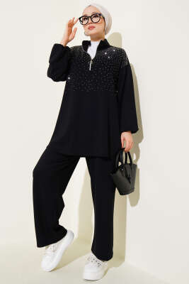 Loyşa Omuz Taşlı Fermuarlı İkili Takım Siyah