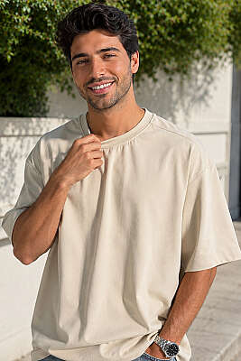 Loyşa Oversize Erkek T-shirt Bej - GAVAZZİ