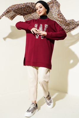 Loyşa W Leopar Nakışlı Tunik Bordo - Tunik
