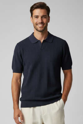 Merserize Açık Polo Yaka Erkek T-shirt Koyu Lacivert - WİPEOUT