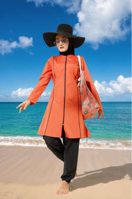 Metal Armalı Fermuarlı Tesettür Mayo Tarçın