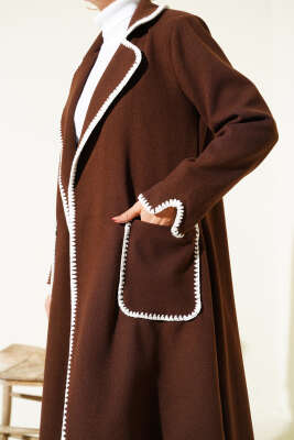 Midye Dikişli Kuşaklı Kaşe Kaban Kahve - Kaban