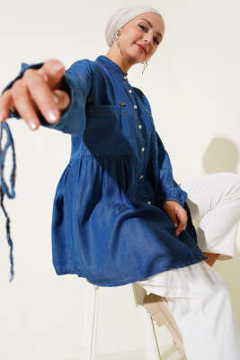 Mini Çiçekli Göğüs Cepli Kot Gömlek Koyu Mavi - ASME