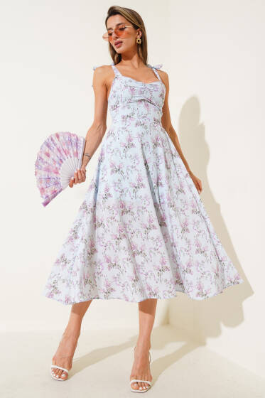 Mini Çiçekli Omuz Bağlamalı Midi Elbise Mavi - Kadın Giyim Modelleri