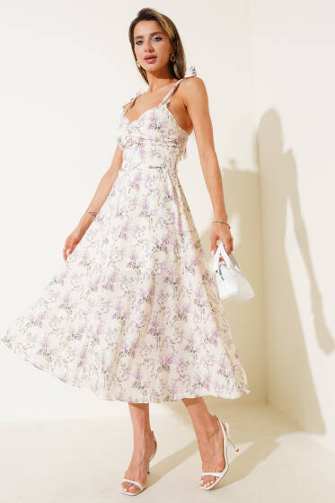 Mini Çiçekli Omuz Bağlamalı Midi Elbise Sarı - Kadın Giyim Modelleri