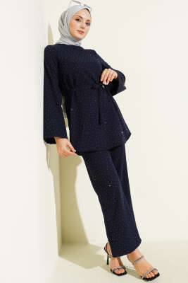 Mini Taş Süslemeli Kuşaklı İkili Takım Lacivert