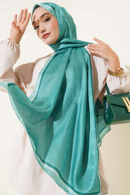 Monogram Desen Şerit Geçişli Şal Yeşil - GOLD İPEK