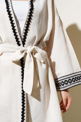 Nakış Detaylı Kuşaklı Kimono Taş - Dış Giyim&Mont