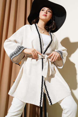 Nakış Detaylı Kuşaklı Kimono Taş - FİXAY