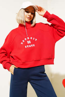 Nakışlı Fermuarlı Üç İplik Kısa Sweatshirt Kırmızı - Kadın Giyim Modelleri