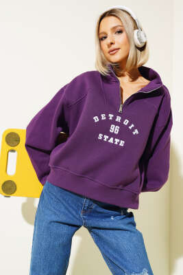 Nakışlı Fermuarlı Üç İplik Kısa Sweatshirt Mor - Kadın Giyim Modelleri