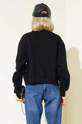 Nakışlı Fermuarlı Üç İplik Kısa Sweatshirt Siyah - Kadın Giyim Modelleri