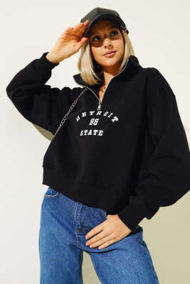 Nakışlı Fermuarlı Üç İplik Kısa Sweatshirt Siyah - Kadın Giyim Modelleri