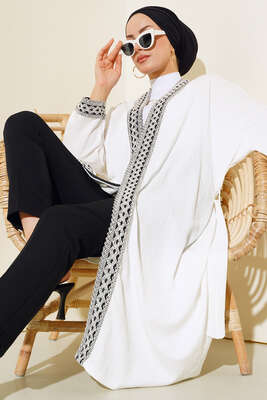Nakışlı Uzun Kimono Ekru - Hırka