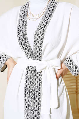 Nakışlı Uzun Kimono Ekru - Hırka