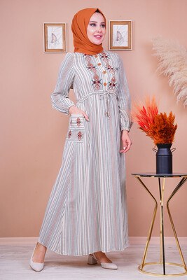 Nakışlı Yandan Cepli Kiremit Elbise