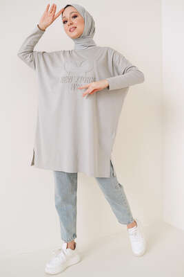 New York Kabartma Desenli Tunik Gri - Tunik