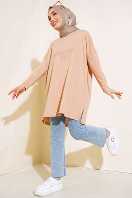 New York Kabartma Desenli Tunik Latte - Tunik