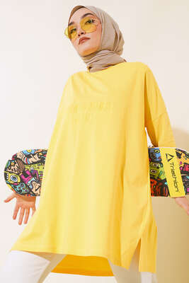 New York Kabartma Desenli Tunik Sarı - Tunik