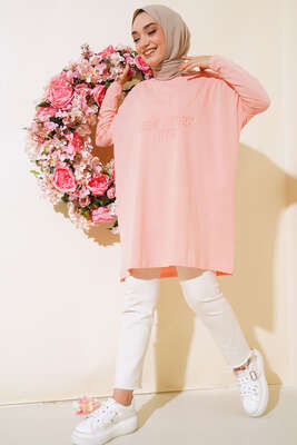 New York Kabartma Desenli Tunik Somon - Tunik