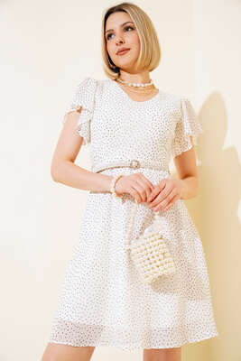 Nokta Desen Kemerli Elbise Ekru - ESTELLE