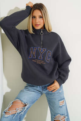 Nyc Basklı Şardonlu Sweatshirt Antrasit - Kadın Giyim Modelleri