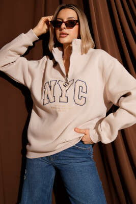 Nyc Basklı Şardonlu Sweatshirt Bej 