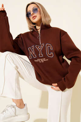 Nyc Basklı Şardonlu Sweatshirt Kahve 