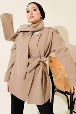 Omuz Apoletli Atkılı Kaşe Kaban Bej 