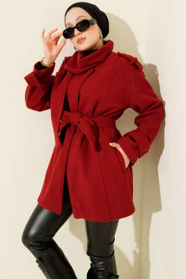 Omuz Apoletli Atkılı Kaşe Kaban Bordo 