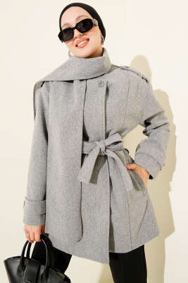 Omuz Apoletli Atkılı Kaşe Kaban Gri 