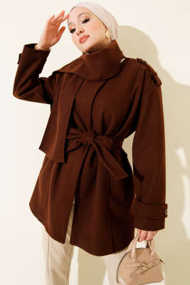 Omuz Apoletli Atkılı Kaşe Kaban Kahve - Kaban