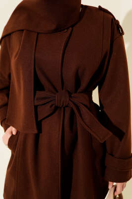 Omuz Apoletli Atkılı Kaşe Kaban Kahve - Kaban