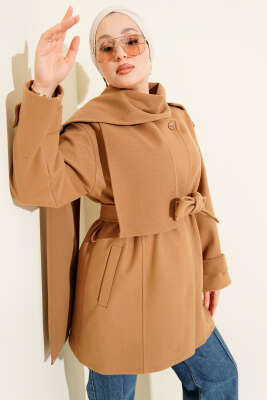 Omuz Apoletli Atkılı Kaşe Kaban Latte 