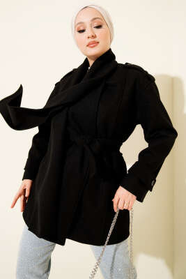Omuz Apoletli Atkılı Kaşe Kaban Siyah 
