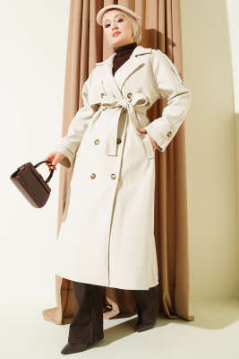 Omuz Apoletli Düğme Detaylı Kaşe Kaban Ekru